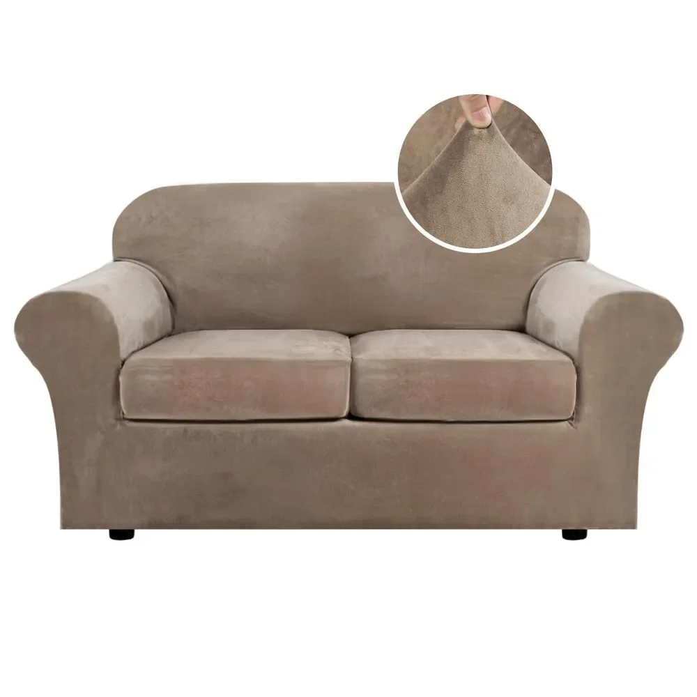 Velvet Plush 3 Piece Stretch Sofa Cover (Medium Sofa, Camel)